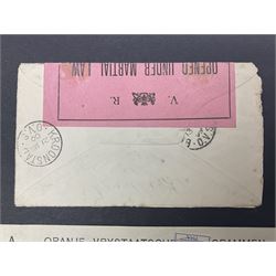 South Africa, Orange Free State, partial cover with one penny stamp cancelled with various postmarks 'Stopped By Censor Return To Sender' purple rectangular stamp and 'V R Opened Under Martial Law' pink slip and three telegrams with various stamp values