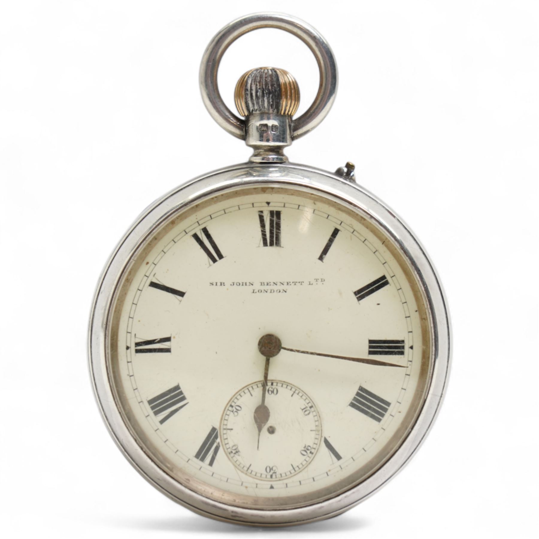 Victorian silver open face keyless lever pocket watch by Sir John Bennett, London, No.87918, cream dial with Roman numeral hour markers and subsidiary seconds dial, case makers mark JW, London 1898