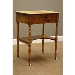  Victorian satin walnut sewing work table, with single frieze fitted drawer, on bobbin turned supports with shaped undertier, ceramic castors, 57cm x 40cm, H75cm  