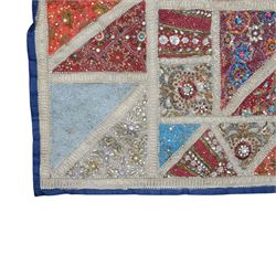 20th century Zardozi wall hanging, hand embroidered in gold thread and beadwork, in geometric platters H90cm, L142