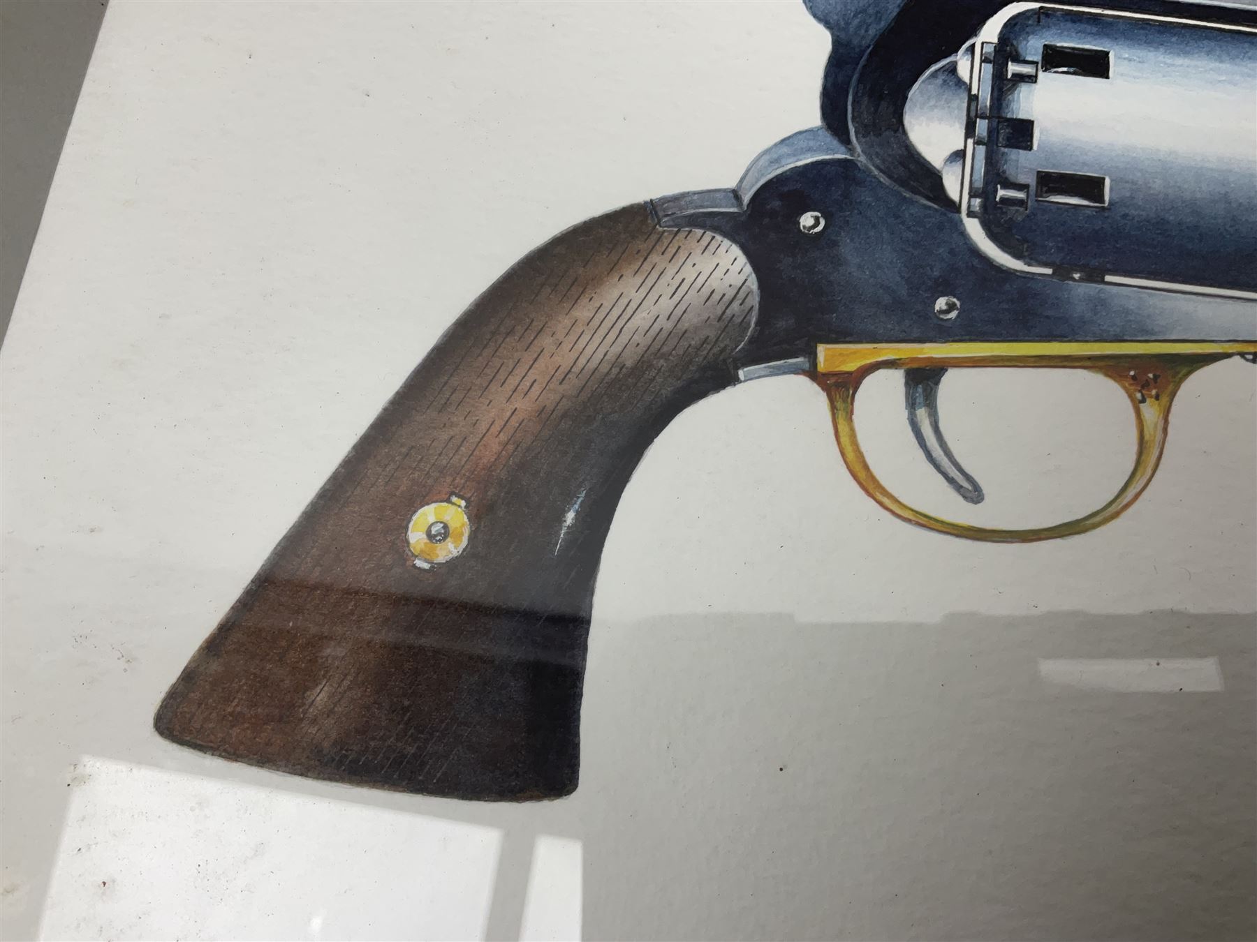 Unmarked Spencer & Rogers type Remington style .44 cal. six-shot percussion revolver, 20cm octagonal barrel with loading lever under, brass trigger guard and two-piece wooden grip L37cm overall; together with a framed watercolour by Alan J. Gray dated 2009 entitled 'The Remington .44 Calibre 1861 Navy Revolver'  19 x 42cm (2)