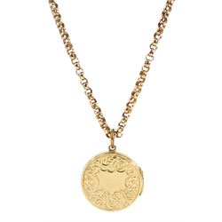 Early 20th century 9ct gold locket pendant with engraved decoration by Henry Matthews, on gold belcher link necklace, stamped 9c