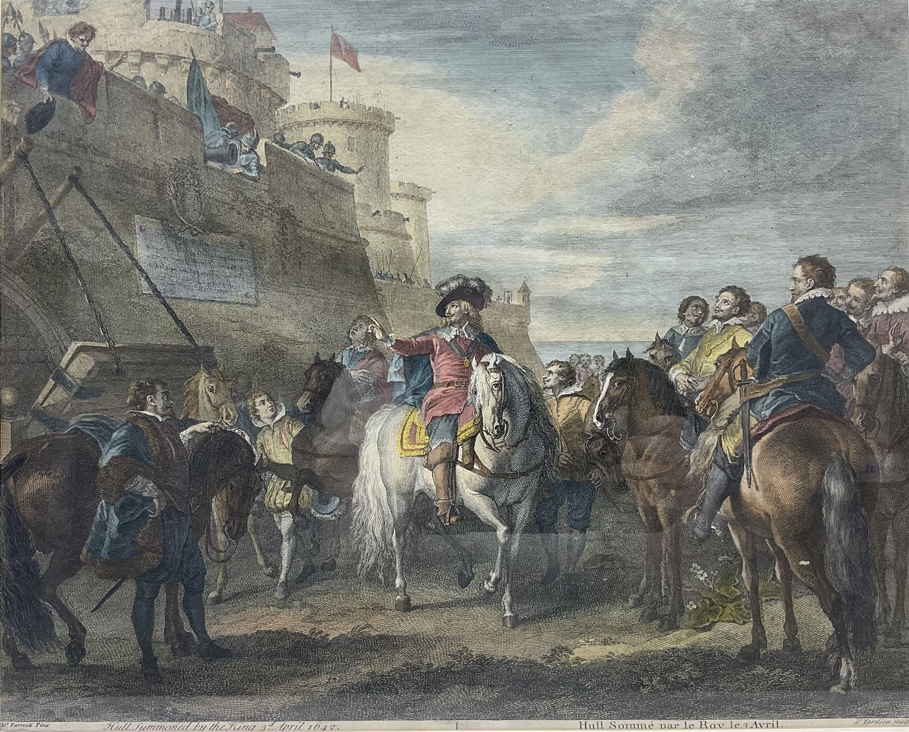 Nicolas-Henri Tardieu (French 1674-1749) after Charles Parrocel (French 1688-1752): 'Hull Summoned by the King 3rd April 1642', engraving with hand colouring pub. T & J Bowles 1728, 37cm x 45.5cm  