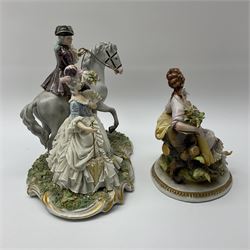 Two Capodimonte figures, the first example modelled as girl with 'lace' skirt holding a dove, H20cm, the second example modelled a male figure on horseback and female figure in 'lace' skirt, H25cm. 