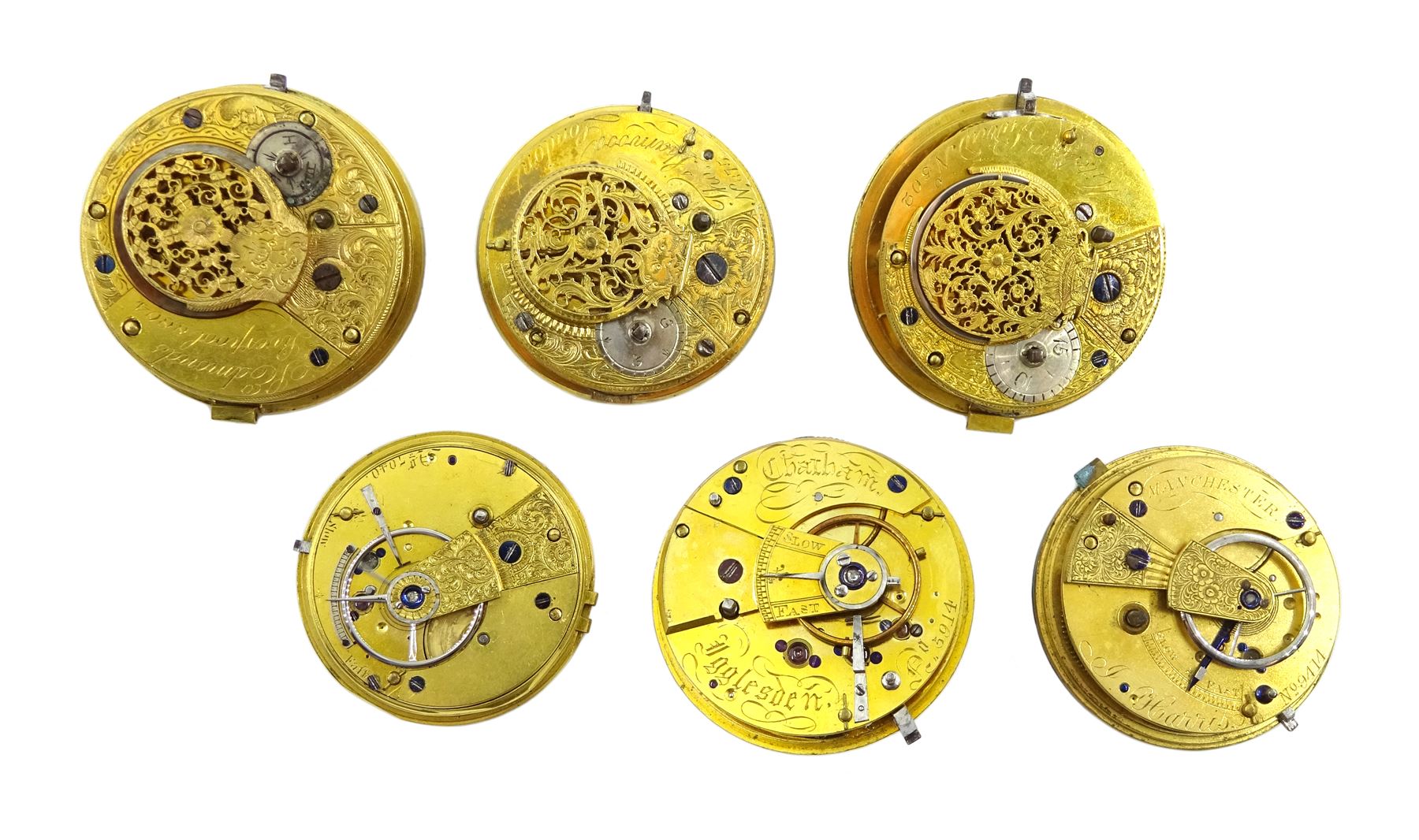 Three verge fusee watch movements by Micham, Surrey, Thomas Sharwood, London and J Edmonds, Liverpool and three lever watch movements by Chatham, Igglesden, J Harris, Manchester and one other, all three with diamond endstones (6)