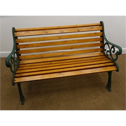  Cast iron frame garden bench green finish, timber slats (W127cm) and a matching side table (2)  
