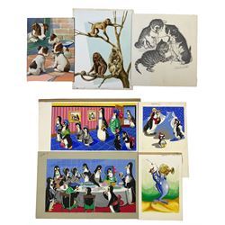 English School (Mid 20th century) Penguins, set of three gouache illustrations, max 25cm x 44cm, together with a similar illustration of a fish by the same hand 18cm x 25cm; Puppies, watercolour illustration unsigned 20cm x 15cm; Monkeys, watercolour illustration unsigned 25cm x 18cm; Kittens, pencil illustration unsigned 23cm x 21cm (7)
