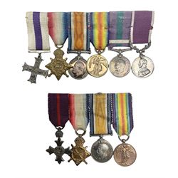 George V Military Cross miniature group of six medals comprising MC, WW1 trio including 1914 Star, Long Service and Good Conduct Medal and General Service Medal with Iraq clasp; and miniature group of four medals comprising Military OBE and WW1 trio including 1914-15 star; all with ribbons and both on pinned wearing bars