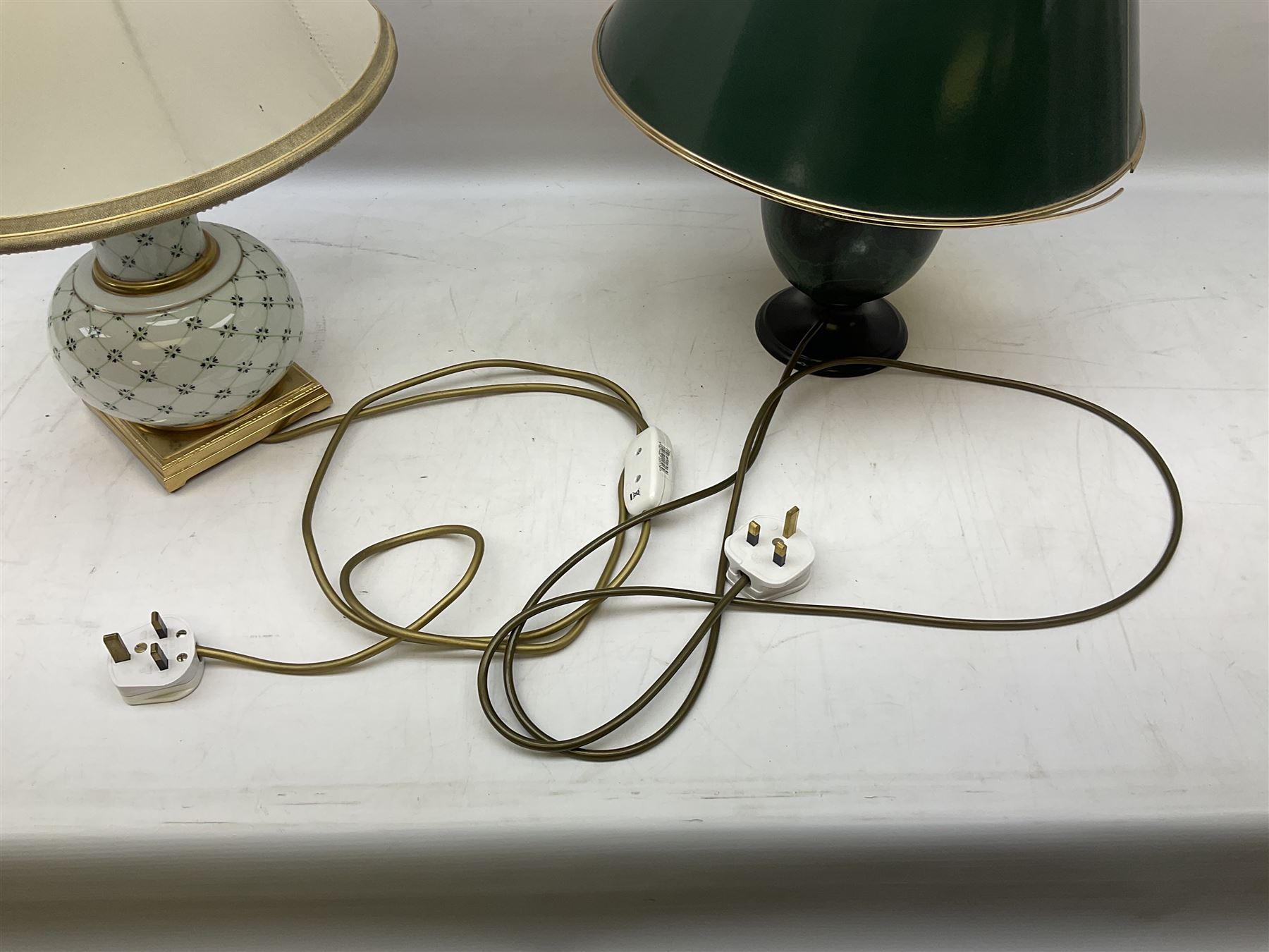 Italian ceramic table lamp decorated with geometric green and black pattern on white ground with gilt metal square plinth base, together with a green and black marbled effect lamp by Holkham pottery, both with shades, tallest H47 incl shade