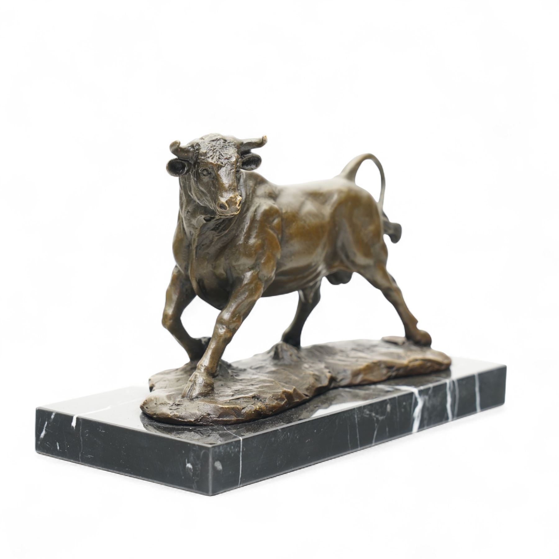 After Antoine Louis Barye - bronze figure of a charging Bull, H13cm 