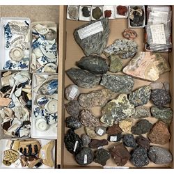 A collection of rocks and minerals, to include Basalt, Flint, and other examples, together with various porcelain and pottery fragments. 