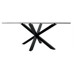 Contemporary glass and metal dining table, rectangular glass top on black finish steel X-framed base