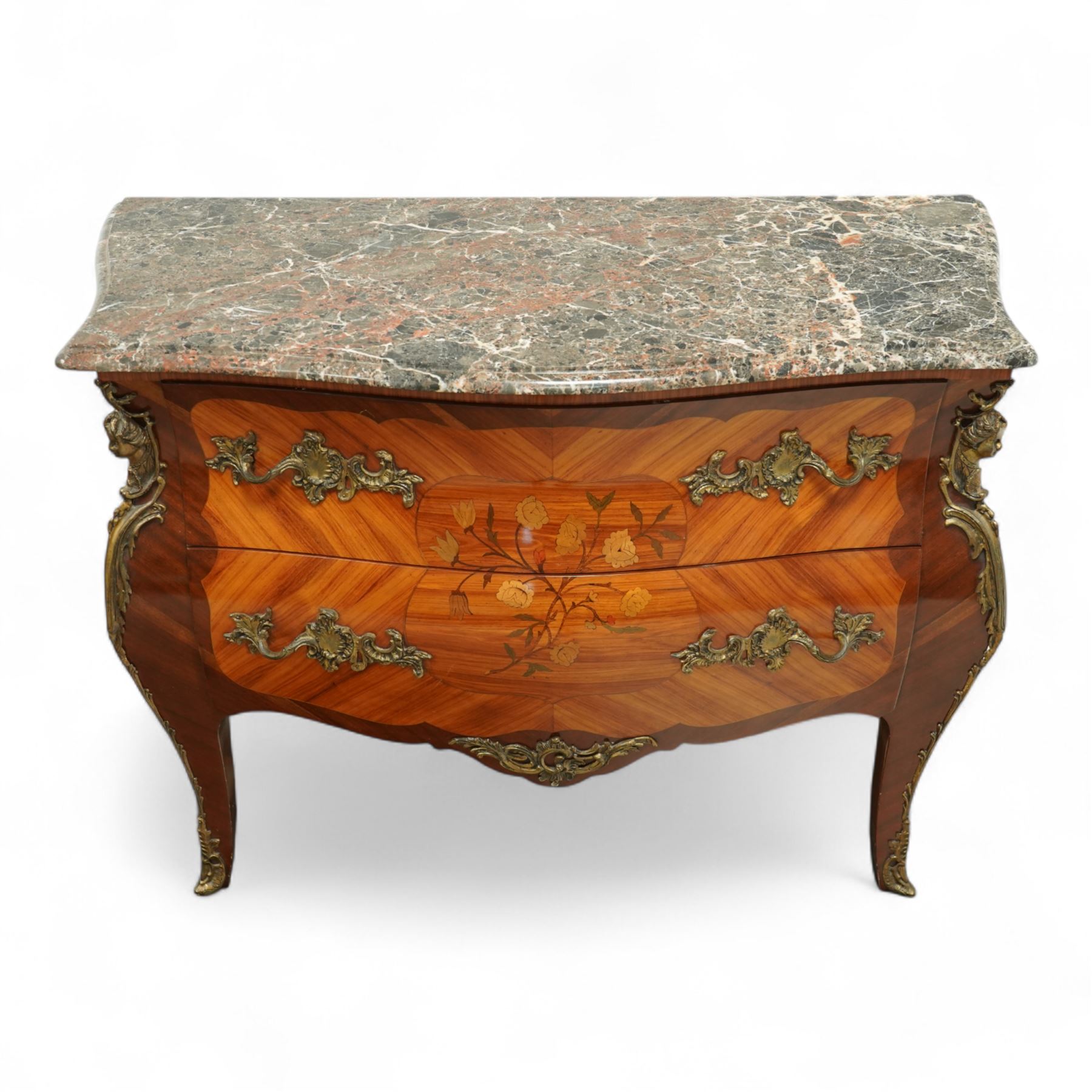 French Louis XV revival bombe commode, early 20th century, with variegated marble top above two drawers inlaid with floral marquetry, gilt metal rococo handles and mounts, kingwood and tulipwood veneers laid in chevron and quartered patterns, on cabriole supports with gilt sabots
