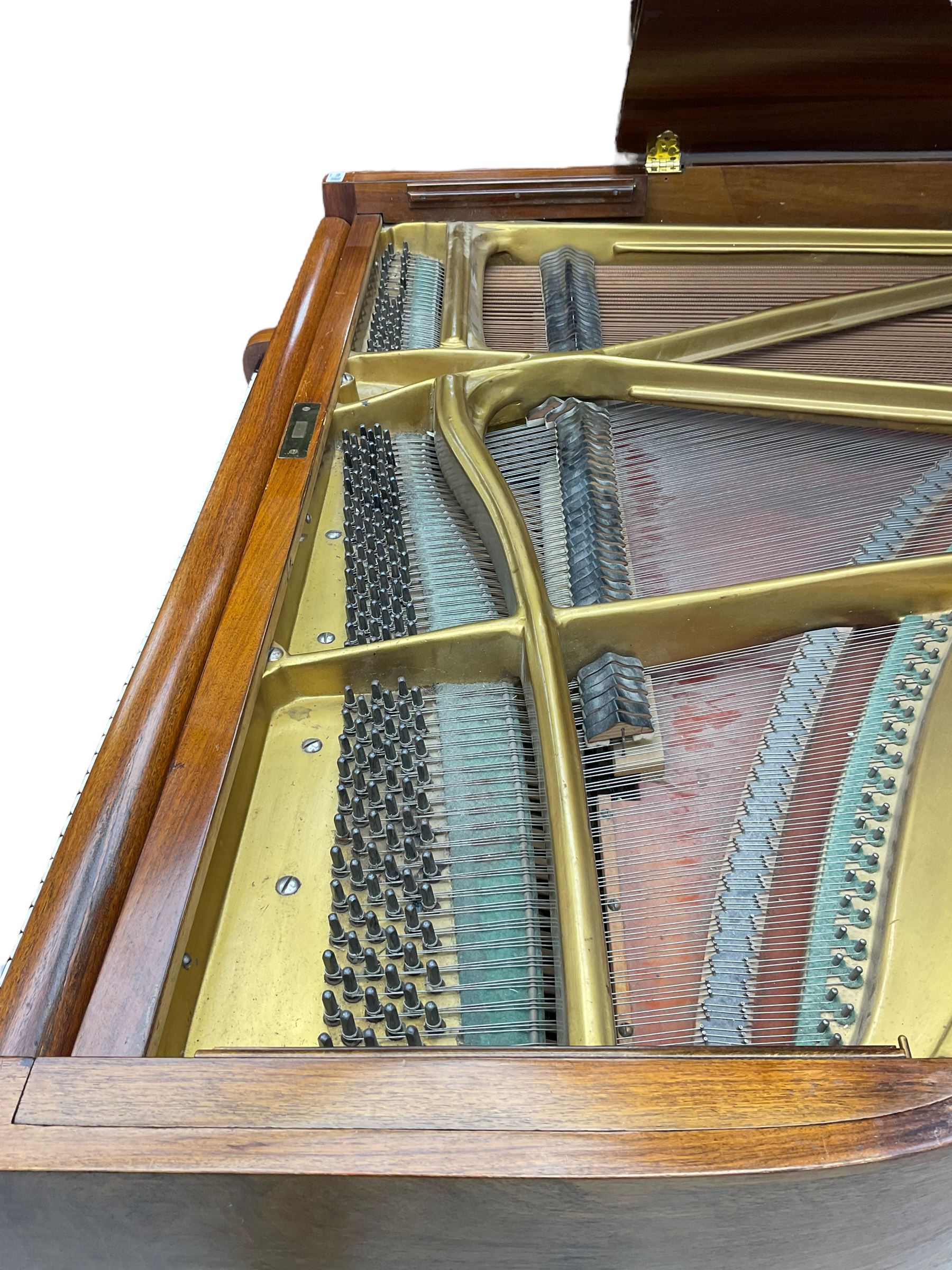  Antonin Petrof - Walnut overstrung baby grand piano, 7 0catve 85 key compass with original strings, tuning pins, damper felts and hammer heads, with roller keyboard action and iron frame, sustaining and una-corda pedals, sliding open lattice music desk, supported on square tapering legs with brass cups and castors, with inner ebonised key fall and ivorine label inscribed 'Supplied by Harrods, London'.