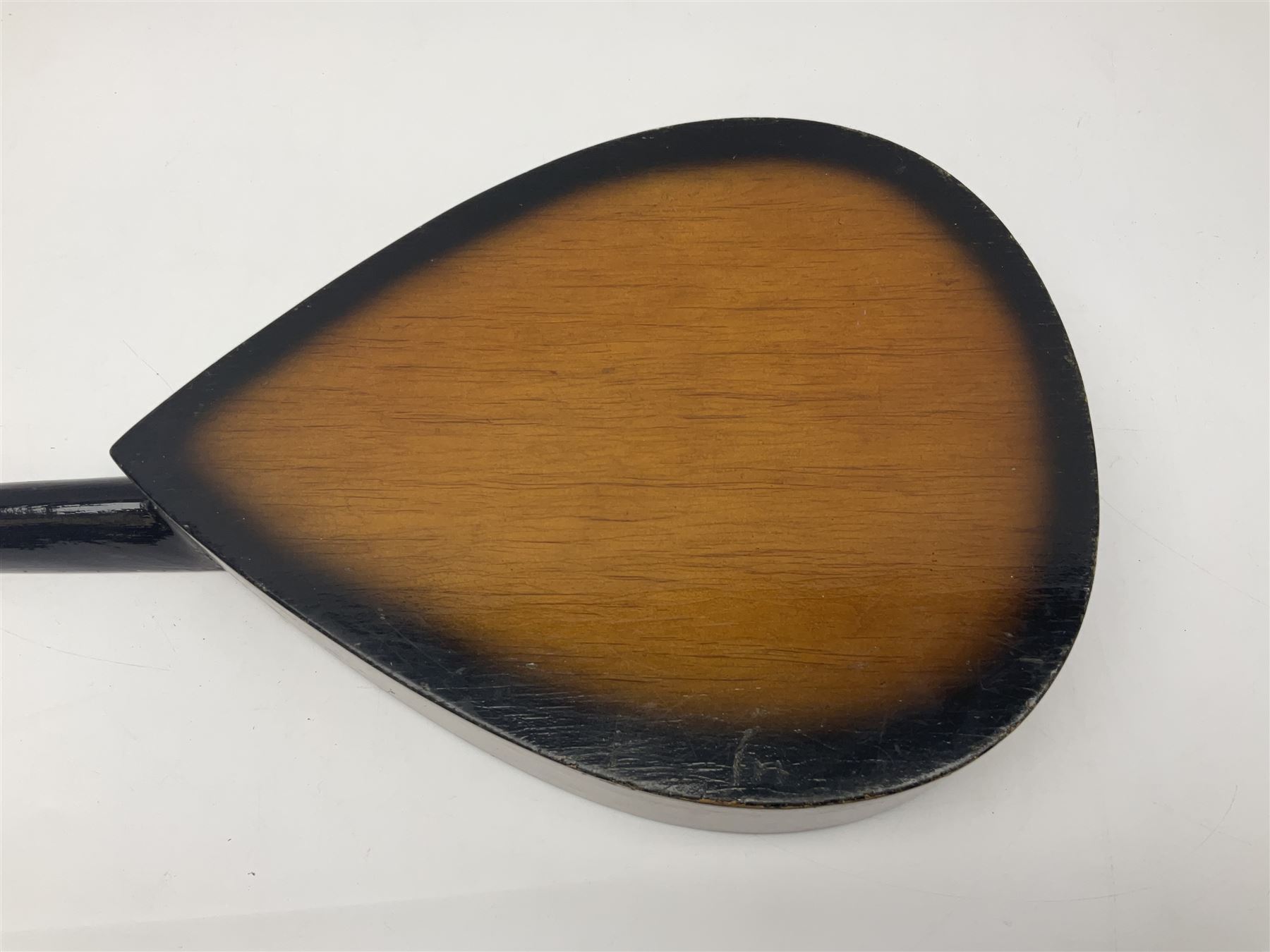 French mandolin with segmented lute back and mother-of-pearl inlaid spruce top; bears label for 'Jerome Thibouville-Lamy & Cie Paris L60cm; and another unmarked flat-back mandolin; both for completion (2)