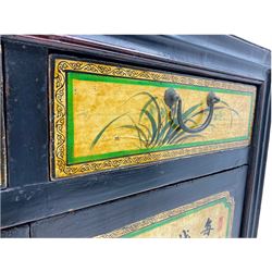 Chinese ebonised side cabinet, fitted with two drawers and two cupboard painted with characters