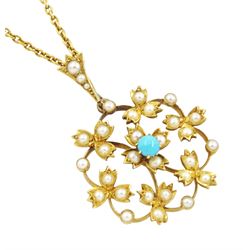 Edwardian gold turquoise and split pearl foliate pendant necklace, both stamped 15ct