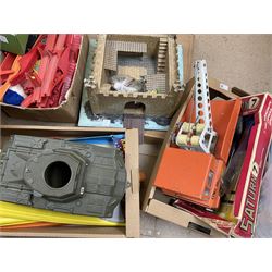 Vintage and later toys to include Mettoy playcraft car park model, quantity of car track, various plastic figures and accessories, tank, stuffed toys etc in approx 6 boxes