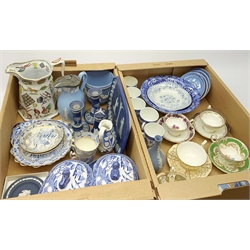 A selection of blue and white, to include two soup tureens decorated in willow pattern with recumbent lion finial, two omas Rathbone willow pattern tea cups and saucers, and small pate, and a dessert dish decorated in the Ottoman Empire pattern, marked beneath Ciala Kavak, together with a group of dark and light blue Wedgwood Jasperware, a Farmers Arms style jug, (a/f), etc. 