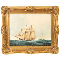 J E Fox (British 20th Century): Sailing Boats at Sea, oil on canvas board signed and dated 1977, 34cm x 44cm 