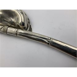 Mid/late 19th century Gorham silver serving spoon, circa 1863-1890, the bowl modelled as an oyster shell with silver gilt interior, affixed to the bamboo handle with silver twine, the bowl with marks for Gorham and impressed Sterling 330, L26.5cm
