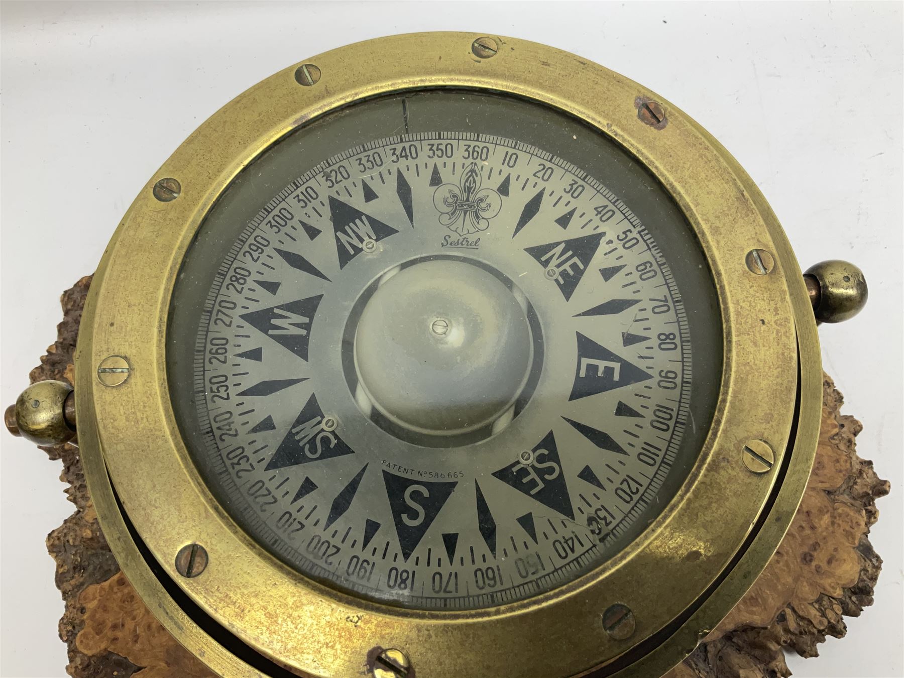 Sestrel brass cased ships gimbal mounted compass, fitted on a burrwood slab, serial no.5532, pat.no.586665 D19cm