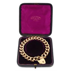 Early 20th century 9ct rose gold curb link bracelet, with heart locket clasp, maker's mark HC&S, each link stamped 9, in original silk and velvet lined box