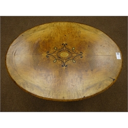  Victorian inlaid walnut oval tripod table, turned column, leaf carved splayed supports, W63cm, H70cm, D47cm  