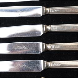 19th century engraved silver buckle 13cm x 9cm, the reverse engraved 1849, unmarked but tests 90 standard, cut glass globe scent flask with silver cover Sheffield 1911 and a cased set of six silver handled tea knives