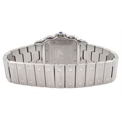 Cartier Santos Galbée gentleman's stainless steel automatic wristwatch, Ref. 2319, silvered guilloche dial with Roman numerals and secret signature at 7 o'clock, boxed purchase certificate dated 2003, pouch and service receipt dated September 2023