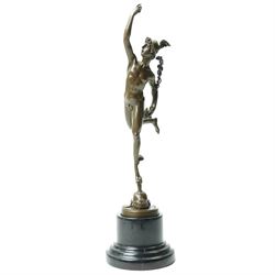 After Giambologna (Flemish 1529-1608): Bronze figure of Mercury holding a caduceus, on bla...