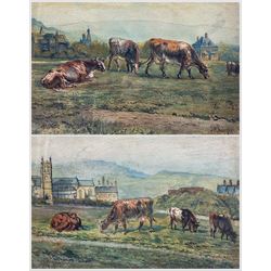GWR (British Early 20th century): Cattle Grazing in a Town-side Pasture, pair watercolour signed and dated 1910/1912, 28cm x 38cm (2)