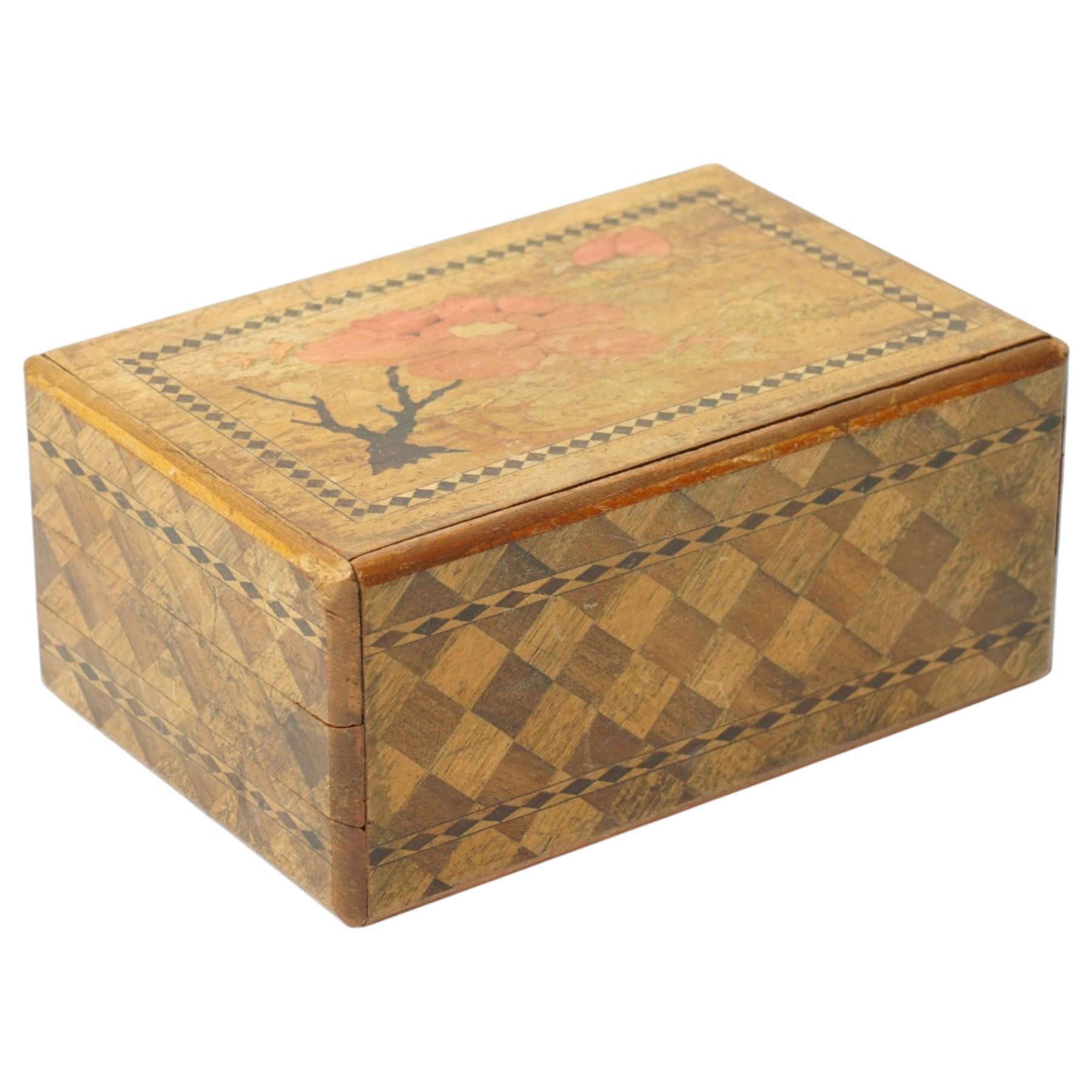 Japanese inlaid puzzle box, decorated with scenes of Mount Fuji and flowers, W15cm D10cm 