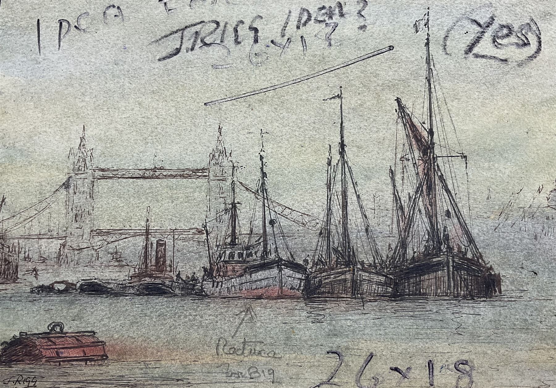 Jack Rigg (British 1927-2023): Preliminary sketch for 'London River', ink and watercolour signed, variously inscribed with reference image verso 19cm x 25cm (unframed)