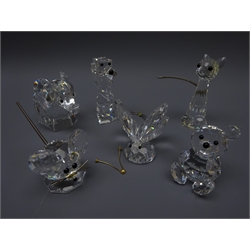  Six Swarovski crystal animals comprising Mouse, Elephant, Cat, tall Dog, Teddy Bear & Butterfly, boxed (6)  
