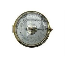 Eight-day 20th century brass cased “Schatz Royal Mariner” bulkhead clock, with a 6” dial, Roman numerals and minute track, bells on/off control, black spade hands with a brass bezel and flat bevelled glass, twin train spring driven balance wheel movement sounding the ships watches on a bell.
With a corresponding and matching Schatz open dial compensated aneroid barometer, with weather predictions and measuring barometric pressure in inches and millibars, with a curved spirit thermometer measuring temperature in Fahrenheit and Celsius, steel indicating hand and brass recording hand.
