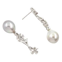 Pair of 18ct white gold pearl and diamond pendant stud earrings, cultured grey pearl, suspended from milgrain set, round brilliant cut diamond pendants, stamped 750