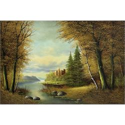 H Sanders (Continental 20th century): Castle in Highland River Landscape, oil on canvas signed 60cm x 91cm