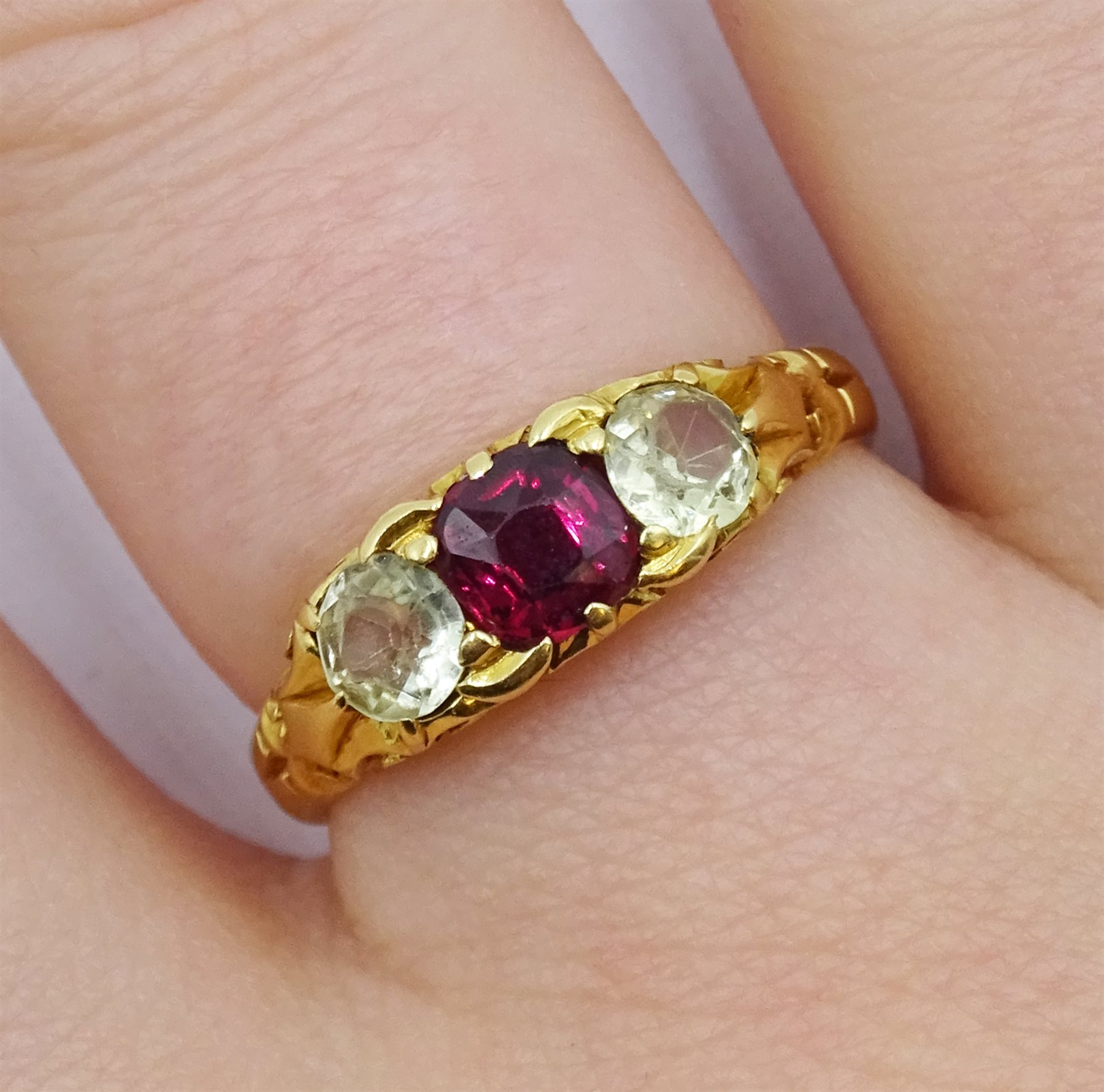 Victorian 18ct gold three stone cushion cut ruby and round chrysoberyl ring, hallmarked