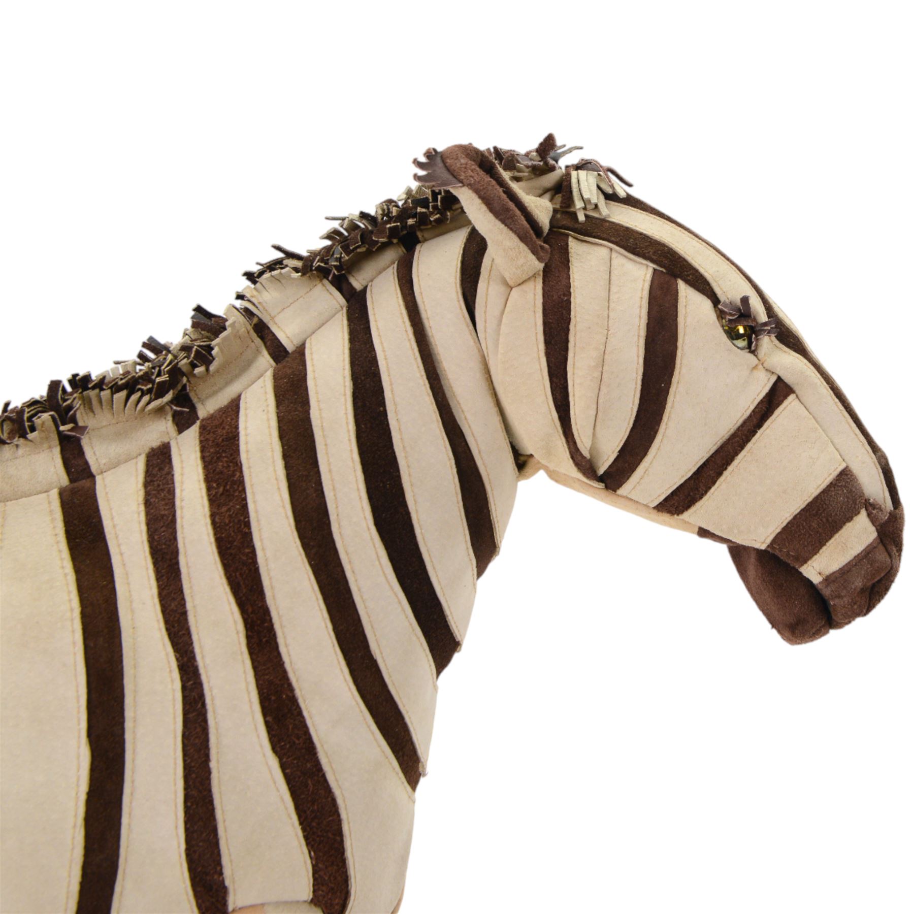 Karen Trower: two zebra sculptures, with leather sew over wood and metal frames, H48cm