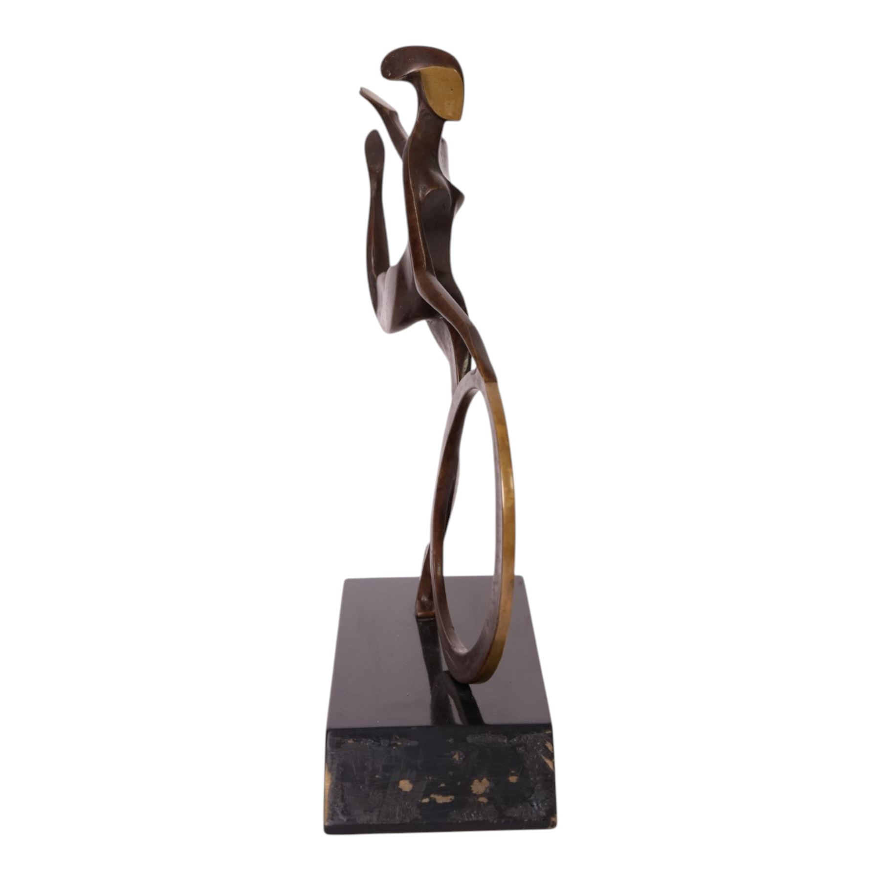 John Huggins FRBS (British 1938): 'Girl with Hoop', bronze sculpture upon black lacquered wooden base, H34cm