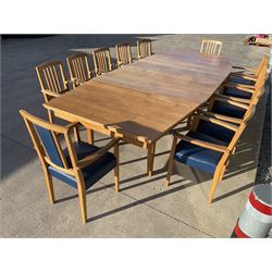 Light oak bespoke boardroom table, concave form, four sectional top on square discreet legs (12' x 5'), with twelve armchairs including 'Chairmans' chair