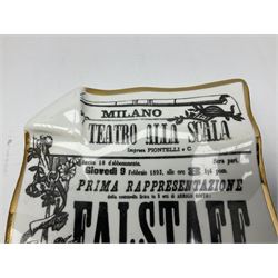 Fornasetti rectangular 'Falstaff' operatic billboard ashtray decorated with black and white text with a gilt border edge,  with printed mark beneath, H22cm 