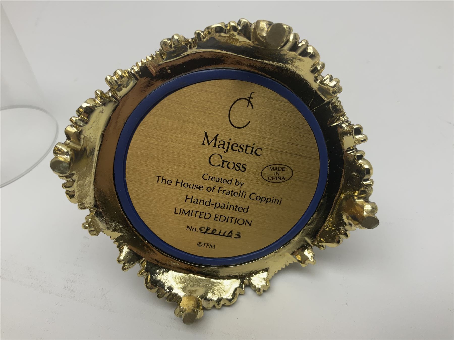 Four limited edition Franklin Mint House of Fratelli Coppini crosses, to include Majestic Cross, Sacred Cross, Star of Hope Jewelled Cross and The Gates to Paradise Cross, all under glass domes, H13cm
