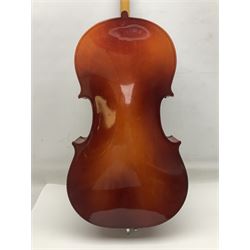 Two student half-size cellos - Boosey & Hawkes Artia with 65cm one-piece back and spruce top; bears maker's label; L104cm overall; and Romanian with 65.5cm two-piece maple back and ribs and spruce top; bears label; L108.5cm overall; each in soft carrying case with two bows (2)