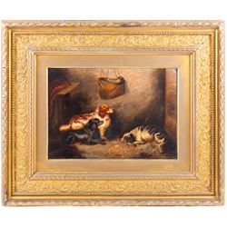 George Armfield (British 1808-1893): Three Sporting Dogs in an Interior, oil on canvas signed 24cm x 34.5cm 