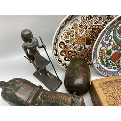 Two Greek Kerameikos plates together with a Kepamik plate and other Grecian style ceramics, carved African figures and treen, boxes etc 