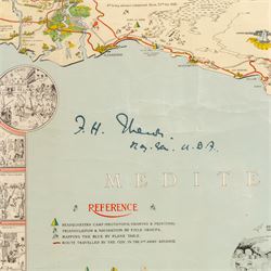 English School (Mid-20th century): 'Historical Record of the 46 Survey Company of the South African Engineer Corps - North African Campaign 1942-43', coloured pictorial map signed by Field Marshall Bernard Montgomery and Major General Frank Theron of the British Eighth Army in pen 47cm x 58cm
Notes: This commemorative map has no single cartographer; it was created collectively by the company to celebrate their military achievements during the campaign. The map reads 'drawn and printed by us in the desert just for fun' at the lower right corner.