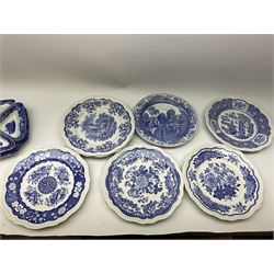 A collection of Spode blue and white ceramics, to include nine Italian pattern plates, and pair of sectional dishes comprising three canted dishes with stand, three tea cups and saucers, four storage jars of various sizes plus twenty four Spode Blue Room dishes decorated with various patterns. 