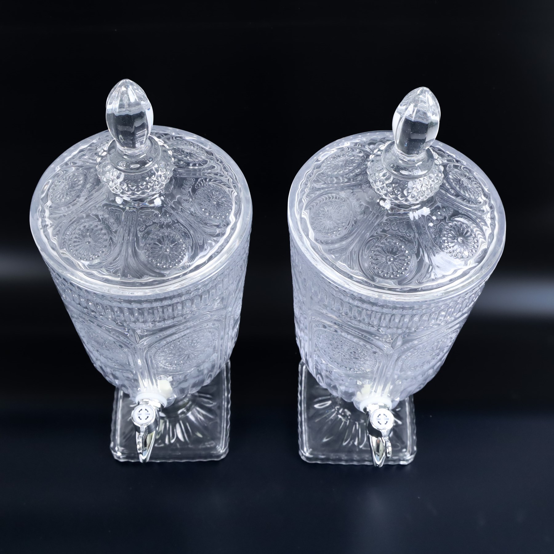Pair glass drinks dispensers, H48cm